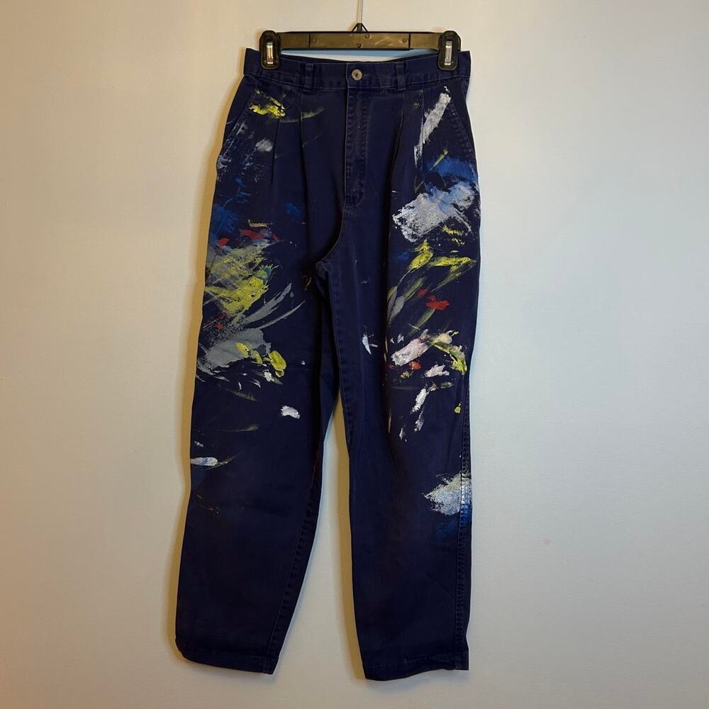 White Stag navy multicolor paint-splatter pleated pants